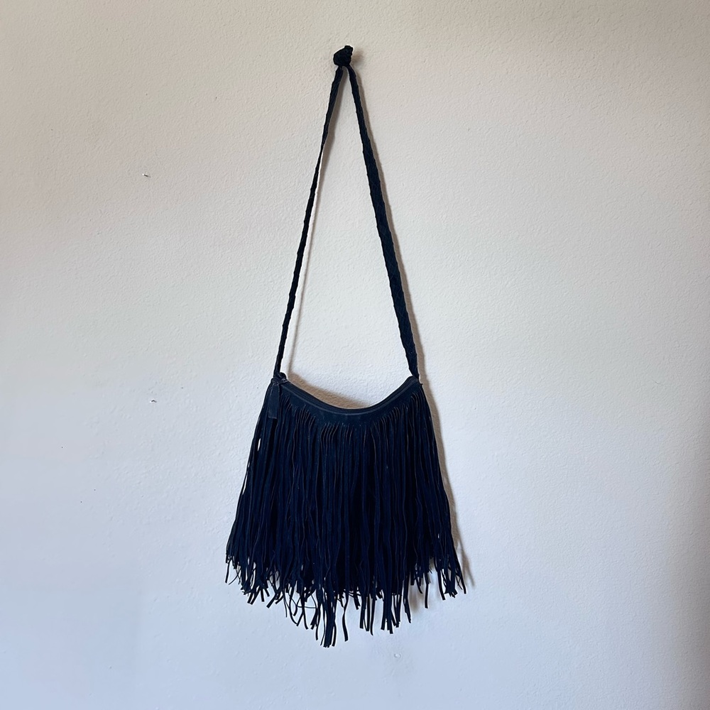 Black Genuine Leather Fringe Crossbody Purse Boho Suede Shoulder Bag